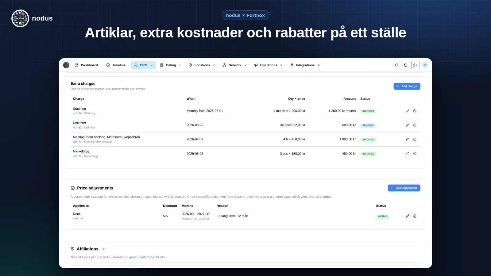Extra charges and percentage price adjustments for a tenant in Nodus
