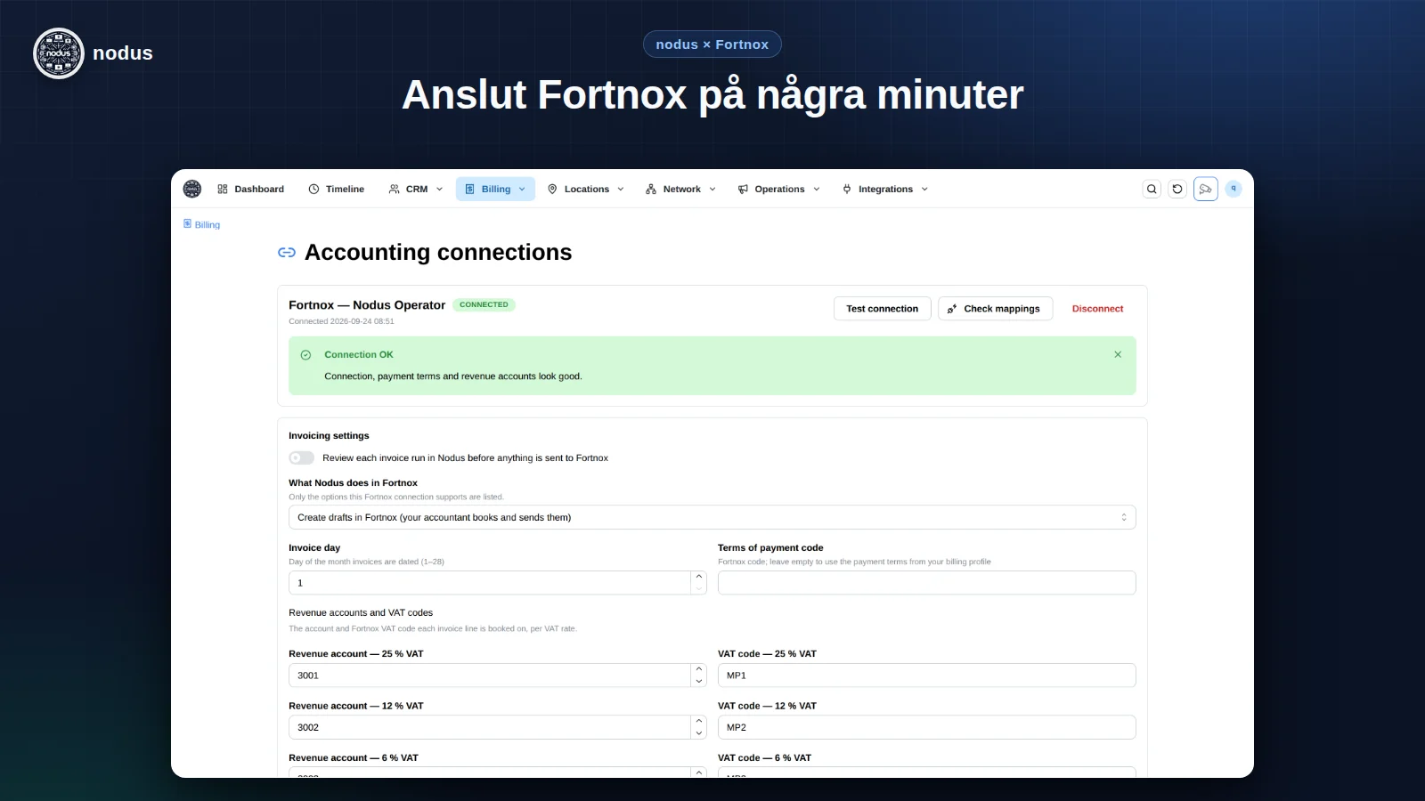 Nodus accounting connections screen, showing a connected Fortnox integration with revenue accounts and VAT codes