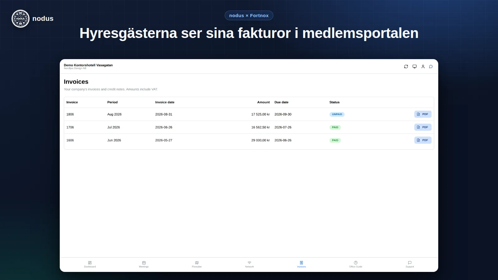 The Nodus member portal showing a tenant their own invoices with PDF downloads